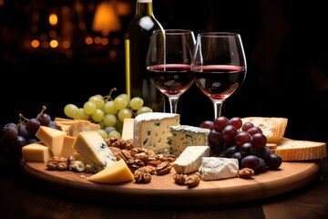 Poster - A picture featuring two glasses of wine, a plate of cheese, and grapes. This image can be used to showcase a delightful wine and cheese pairing or for promoting social gatherings and food events.