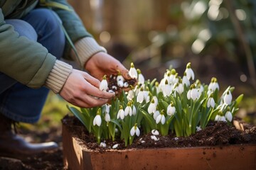Poster - A person is seen kneeling down in a garden filled with delicate snowdrops. This image can be used to depict serenity, contemplation, and the beauty of nature. It is perfect for gardening, mindfulness,