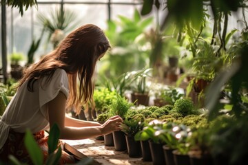 Poster - A woman carefully examines the plants in a greenhouse. This image can be used to showcase gardening, horticulture, or the beauty of nature indoors.