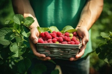 Wall Mural - A person holding a basket filled with fresh raspberries. This image can be used to showcase the abundance of ripe berries or to promote healthy eating and lifestyle.
