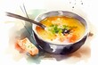 Artistic watercolor illustration of hot miso soup. Generative AI