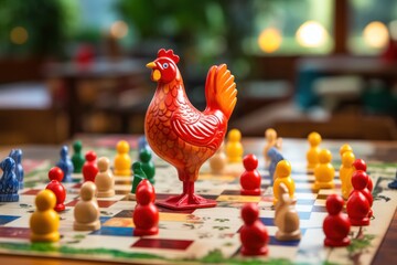 Canvas Print - toy chicken figurine on the field for the game.