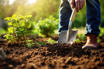 Poster - In the garden, a man digs with a shovel.