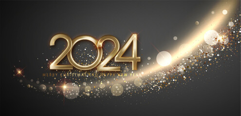 Wall Mural - 2024 new year and merry christmas shiny gold wave design, radiating elegance and celebration