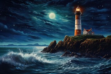 Canvas Print - Lighthouse on an island with the moon in the sky.