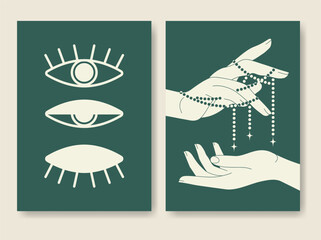 Esoteric style magic eye and witch hands poster set.