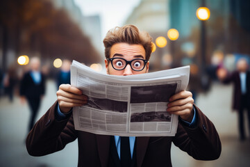 Poster - Man in suit and glasses holding newspaper with surprised look on his face.