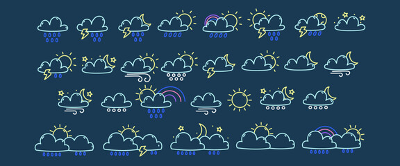 Cute doodle weather icons, isolated, vector icons, for design