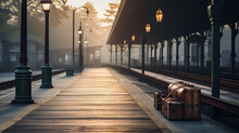 An Aged Train Station Platform Featuring Wooden Benches And Vintage Luggage.