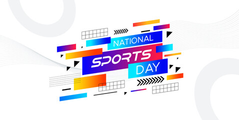 Wall Mural - sports background, national sports day celebration concept, with abstract geometric ornament and illustration of sports athlete football player, badminton, basketball, baseball, tennis, volleyball