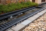 Fototapeta Perspektywa 3d - Outdoor drainage system with drain stones, gutter, shutters. Generative AI