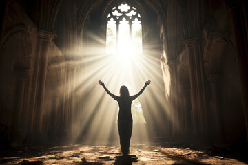 Poster - A woman inside an ancient cathedral with his hands raised up toward the light trusting in God Generative AI Illustration