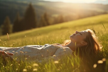 Wall Mural - Cheerful young woman smiling and enjoying in the sunset. Woman lying on the grass young woman laying in a field of bluebonnet wildflowers