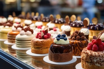 Wall Mural - Small cakes on display at the patisserie counter.