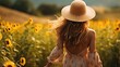 © MiaStendal - Beautiful girl in a field with sunflowers, beautiful evening sunset, nature. Generation AI
