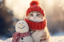 A Cute Ginger And White Cat In A Red Knitted Hat And Scarf Sits Near Snowman. Snowy Warm Cottagecore Winter Background. Concept Of Pets Family Members.
