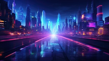 Wall Mural - Panorama of the night neon city. Generation AI