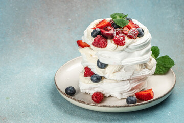 Wall Mural - Pavlova cake with whipped mascarpone cream and fresh strawberry, Restaurant menu, dieting, cookbook recipe top view