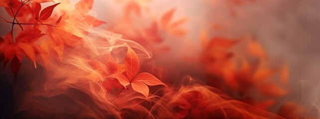 Wall Mural - Autumn background, web design banner with red autumn leaves and color smoke. Autumn mood flame flow mystic atmosphere nature background