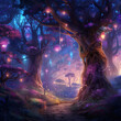 A surrealistic scene in an enchanted forest.