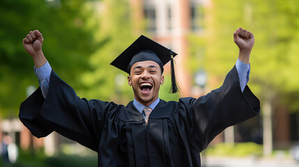 Wall Mural - Happy smiling graduating student guy in an academic gown puts his hands up on college background