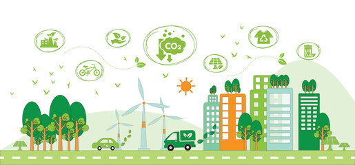 Wall Mural - The concept of reduce co2 emission using clean energy and reduce climate change problem with flat icon vector illustration. Green environment templet infographic design for web banner.