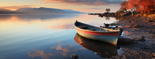 Colorful Photo Of A Rowing Boat Decking Near A Lake With Beautiful Horizon Landscape 