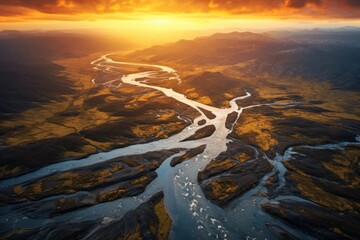 Wall Mural - A glacial rivers from above. Aerial photograph of the river streams from Icelandic glaciers. Beautiful art of the Mother nature created in Iceland. Wallpaper background high quality photo. High