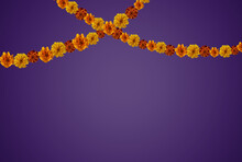 Marigold Flowers Garland On Purple Background With Copy Space. Day Of The Dead Or Halloween Background.