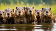 Group Of Nutria In The Water, Invasive Species In Germany