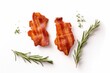 Single fried crispy bacon slices and rosemary sprig isolated on white background. Generative AI