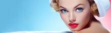 Beautiful Young Woman With Blue Eyes In Fifties Style On A Blue Background. Banner For Advertising. Generative Ai