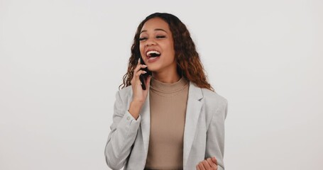 Poster - Wow, news and phone call for happy woman in studio with startup, small business or loan success on grey background. Smartphone, winner and female entrepreneur with emoji fist for yes, bonus or promo