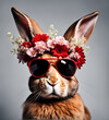 Beautiful cool red rabbit portrait in sunglasses with flowers on head