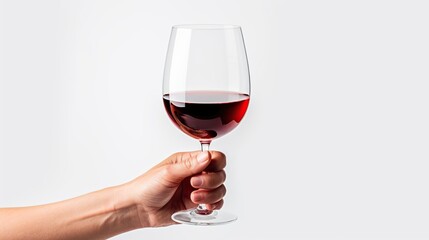 Hand holding red wine glass isolated white background. AI generated