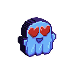 Fototapete - Isometric Pixel art 3d of blue ghost with love eyes for items asset. simple 3d of ghost on pixelated style.8bits perfect for game asset or design asset element for your game design asset.