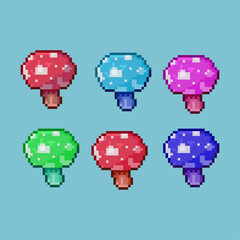 Poster - Pixel art sets of mushroom with variation color items asset. simple mushroom plant for dugeon items on pixelated style.8bits perfect for game asset or design asset element for your game design asset