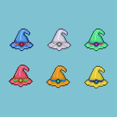 Poster - Pixel art sets of witch hat with variation color items asset. simple witch hat for dugeon items on pixelated style.8bits perfect for game asset or design asset element for your game design asset