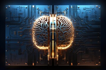 Computer copper gold brain microchip on blue electronics circuit background