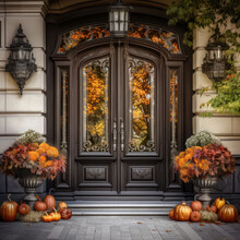Main Entrance To The Luxury House With Autumn Flowers And Autumn Decoration, Beautiful And Elegant Wooden Door With Autumn Deco And Halloween Pumpkins, Modern And Elegant Entrance, Autumn Time