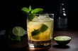 A rejuvenating mix of rum, lime, sugar, and mint. Served cold. Generative AI