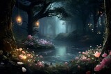 An enchanting garden with eustoma flowers and roses in a mystical woodland, bathed in moonlight. Generative AI