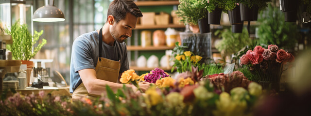 Young man working in a flower store