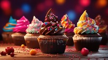 Background With Delicious Various Cupcakes With Cream On Top. Bakery Or Homemade Pastries Concept