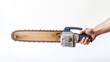 Hand holding chainsaw isolated white background. AI generated