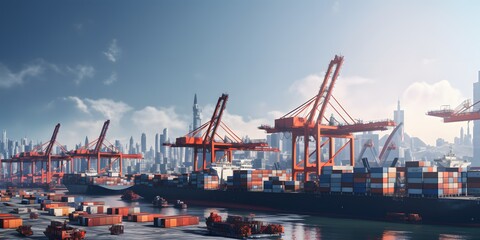 Wall Mural - busy seaport with cargo ships being loaded and unloaded, cranes lifting containers, and logistics operations supporting global trade