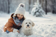 © Maria Tatic - Cute child with happy face wearing a warm hat and warm jacket surrounded with snowflakes with white dog. Winter holidays concept.