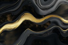 Abstract background design featuring a luxurious black-gold wave pattern in marble stone and a golden ripple in agate. Generative AI