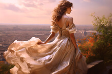 Beautiful Bride In Vintage Style Dress In Afternoon On Hill Overlooking City, Perhaps Paris