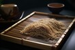 Chilled soba noodles on bamboo tray. Generative AI